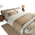 Beige White Double Bed with Pillows Quilt Bedside Tables Vase Lamp Woven Rug