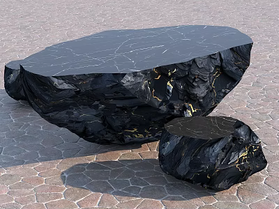 Irregular Shaped Black Stone Coffee Table With Gold Veins And Small Stool On Paved Floor 3d model
