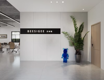 Modern Office Reception Area With BEESIGEE AWB Sign Blue Bear Figure And Large Potted Plant 3d model