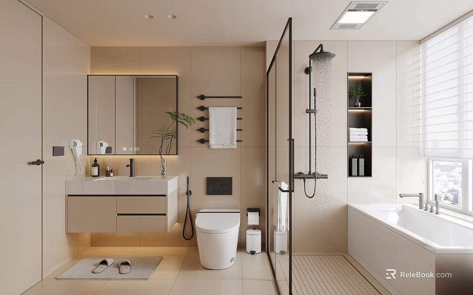 Modern Bathroom Interior Design With Vanity Mirror Toilet Shower Bathtub And Plants 3d model 
