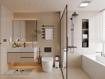 Modern Bathroom Interior Design With Vanity Mirror Toilet Shower Bathtub And Plants 3d model
