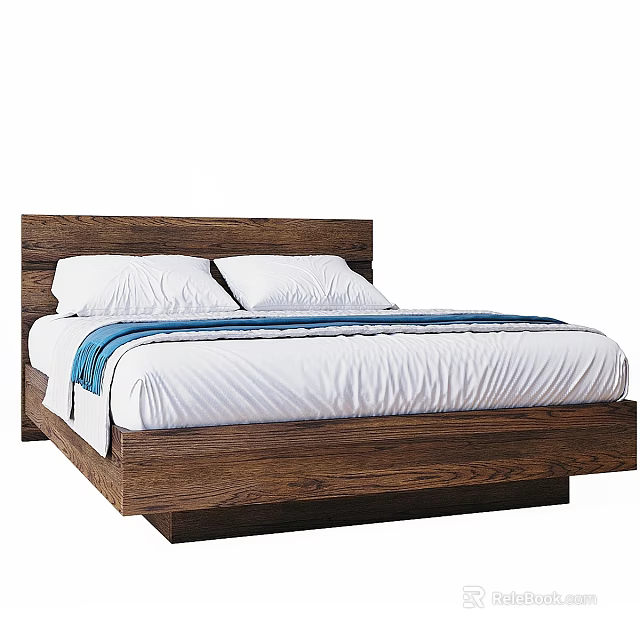Modern Wooden Frame Double Bed With White Sheets And Blue Accent Pillows 3d model 