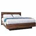 Modern Wooden Frame Double Bed With White Sheets And Blue Accent Pillows