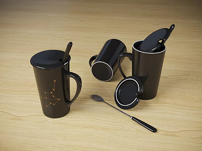 Black Mugs with Lids and Spoons on Wooden Tabletop Featuring Star Patterns 3d model