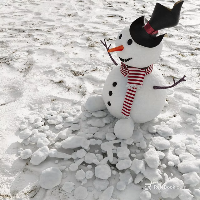 Snow Covered Ground With Snowman Wearing Red White Striped Scarf And Black Hat 3d model 