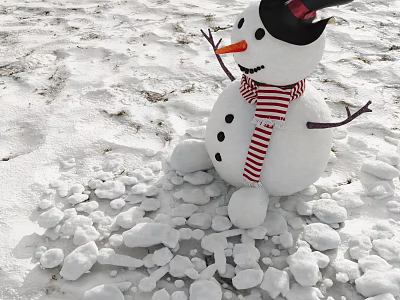 Snow Covered Ground With Snowman Wearing Red White Striped Scarf And Black Hat 3d model