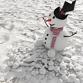Snow Covered Ground With Snowman Wearing Red White Striped Scarf And Black Hat
