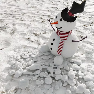 Snow Covered Ground With Snowman Wearing Red White Striped Scarf And Black Hat 3d model