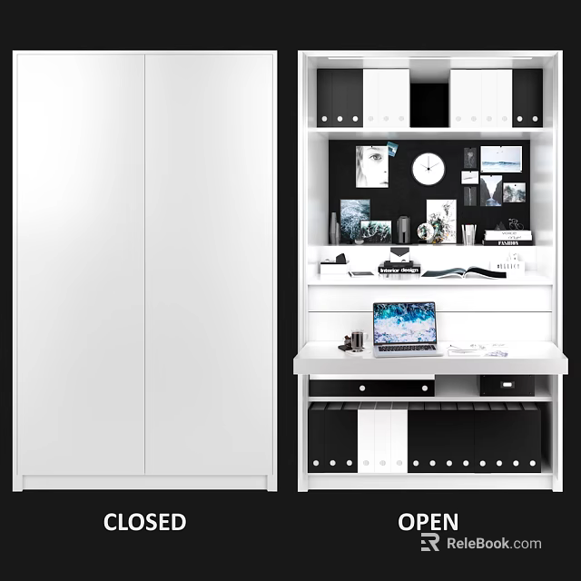 Stylish Office Desk With Storage Cabinets Laptop Framed Photos And Clock 3d model 