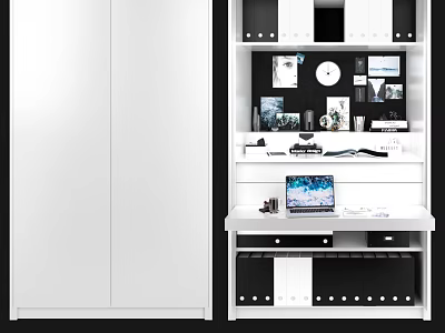 Stylish Office Desk With Storage Cabinets Laptop Framed Photos And Clock 3d model