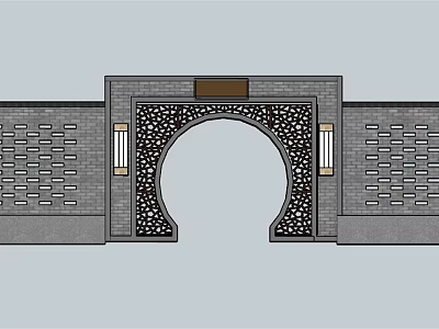 Traditional Chinese Entrance Gate With Round Arch Brick Walls Ornate Lattice Panels And Wooden Plaque 3d model