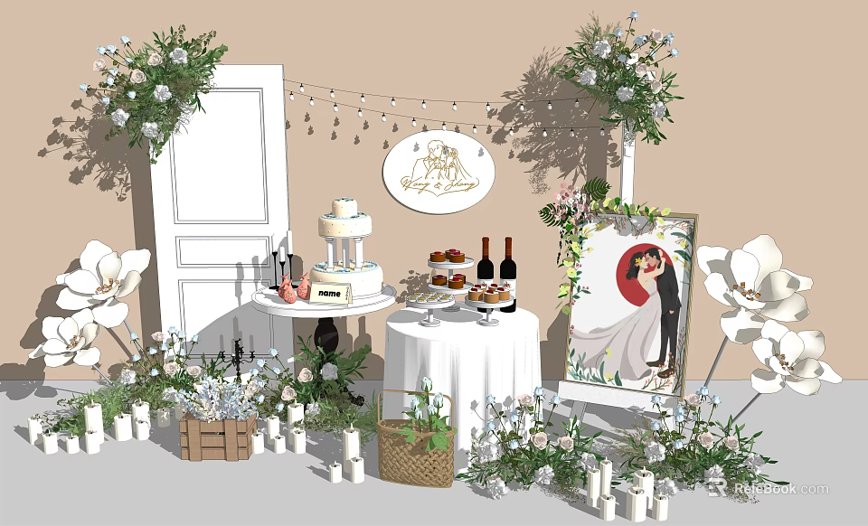 Wedding Decoration Setup With Cake Wine Bottles Floral Decor And Bride Groom Painting 3d model 