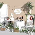 Wedding Decoration Setup With Cake Wine Bottles Floral Decor And Bride Groom Painting