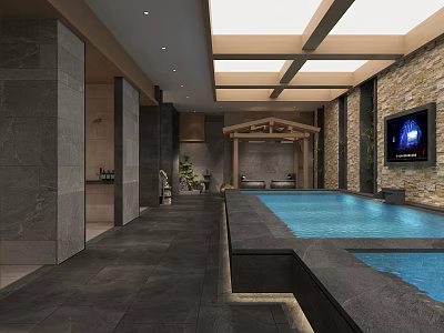 Luxurious SPA Sauna Interior With Stone Walls Wooden Ceiling Skylights And Hot Tub Pool 3d model