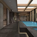 Luxurious SPA Sauna Interior With Stone Walls Wooden Ceiling Skylights And Hot Tub Pool