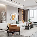 Modern Living And Dining Room Interior With White Sofa Round Decor Green Plants And Bookshelves