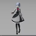 3D Blue Hair Character In Black White Maid Outfit With Red Bow And Lace Trim