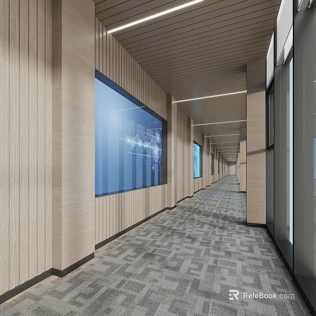 Modern Office Corridor Design With Wooden Wall Panels Blue Glass Windows And Gray Carpet 3d model 