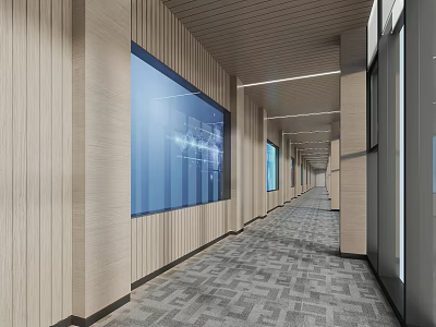 Modern Office Corridor Design With Wooden Wall Panels Blue Glass Windows And Gray Carpet 3d model