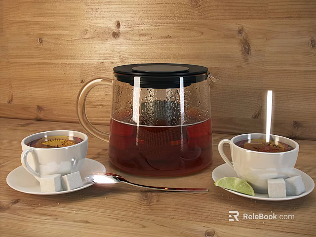 White Cups With Red Tea Glass Teapot Sugar Cubes And Lemon Slice On Wooden Background 3d model 
