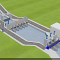 Industrial Equipment Arrangement Along Water Basin With Blue Support Structures And Processing Units