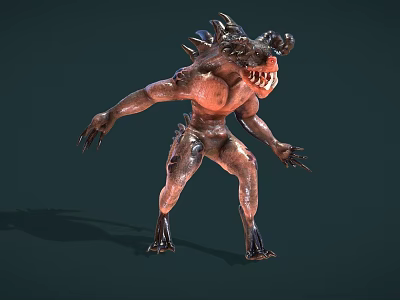 Fierce Game Movie Monster Character With Spiked Head Fanged Mouth And Muscular Body 3d model