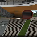 Modern Architectural Space With Wooden Stairs Glass Curtain Wall And Green Lawn Area