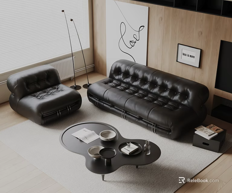 Modern Black Leather Sofa Coffee Table Set With Irregular Shape Living Room Books Bowls Glasses 3d model 