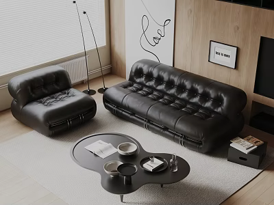 Modern Black Leather Sofa Coffee Table Set With Irregular Shape Living Room Books Bowls Glasses 3d model