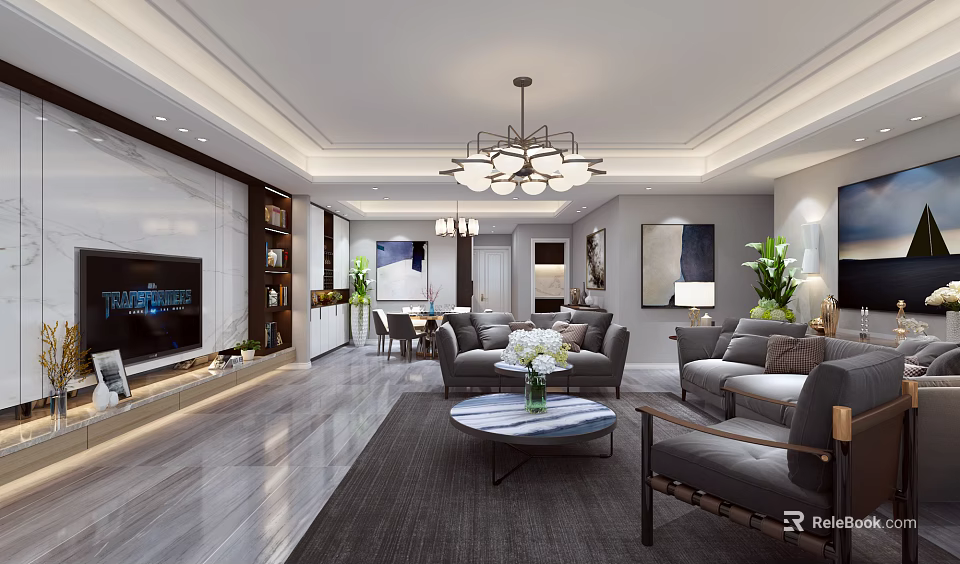 Modern Living Dining Room Interior Design With Chandelier TV Sofa Coffee Table And Dining Chairs 3d model 