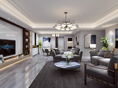 Modern Living Dining Room Interior Design With Chandelier TV Sofa Coffee Table And Dining Chairs 3d model