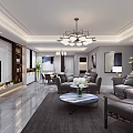Modern Living Dining Room Interior Design With Chandelier TV Sofa Coffee Table And Dining Chairs