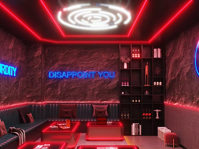 Modern Private Room Interior With Neon Lights Sofas And Wine Racks 3d model