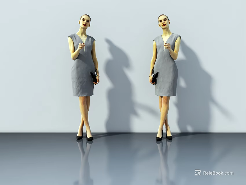 Two Women In Gray Dresses With Black Handbags Standing On Reflective Floor Against White Background 3d model 
