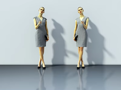 Two Women In Gray Dresses With Black Handbags Standing On Reflective Floor Against White Background 3d model