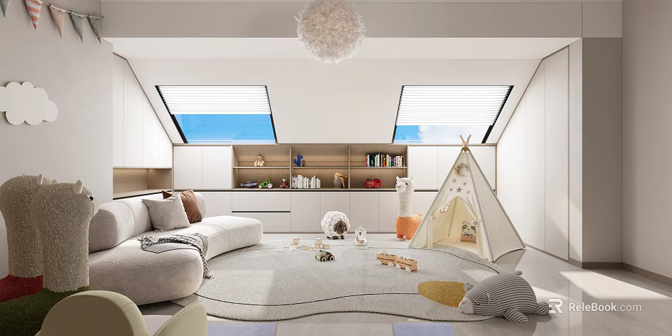 Cozy Modern Playroom With Comfy Sofa Large Rug Play Tent Stuffed Toys And Skylights 3d model 