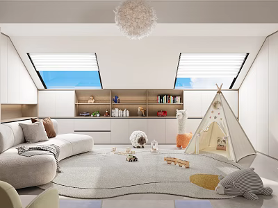 Cozy Modern Playroom With Comfy Sofa Large Rug Play Tent Stuffed Toys And Skylights 3d model