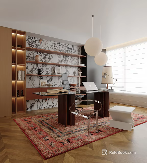 Study Room Interior With Wooden Shelves Patterned Wallpaper Glass Desk Transparent Chair And Pendant Lights 3d model 