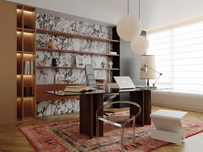 Study Room Interior With Wooden Shelves Patterned Wallpaper Glass Desk Transparent Chair And Pendant Lights 3d model
