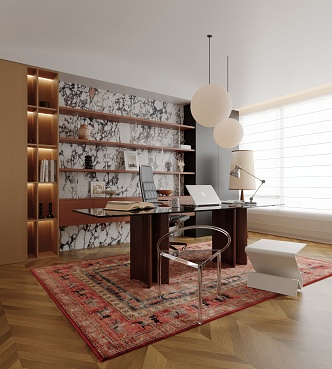 Modern Study Desk Carpet Bookcase Chandelier 3d model