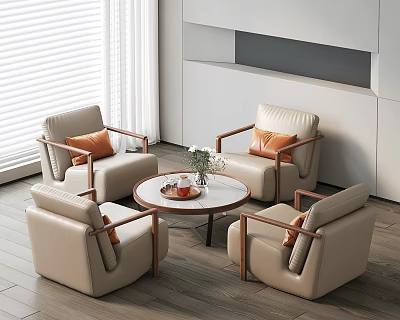 Modern Living Room Table and Chair Set With Beige Upholstered Chairs Round White Coffee Table 3d model