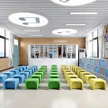 Modern School Classroom with Colorful Yellow Green Blue Stools Large Screen Windows and Storage Cabinets