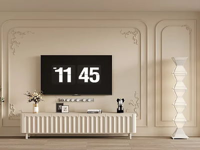 Living Room TV Wall With White Ribbed Stand Ornaments Spiral Floor Lamp Beige Carved Wall 3d model