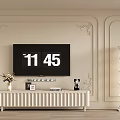 Living Room TV Wall With White Ribbed Stand Ornaments Spiral Floor Lamp Beige Carved Wall