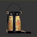 Stylish Blue Bucket Bag With Colorful Yellow Orange Patterns Black Straps And Chain Decoration