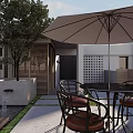 Roof Garden With White Umbrella Table Chairs Lantern Light Stone Path And City Skyline
