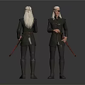 Character With White Long Hair Dark Uniform Belt And Red Staff Front Back Standing Views