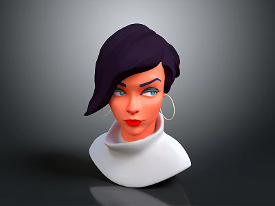 Game Movie Character 3D Model With Black Short Hair Blue Eyes Large Earrings White Turtleneck 3d model