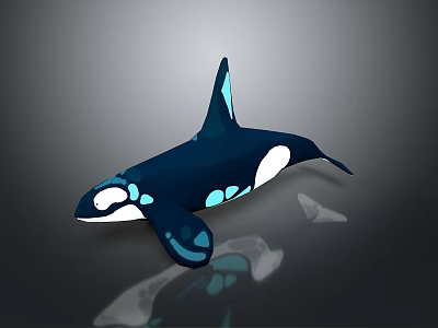 Aquatic Orca With Dark Blue White Body Glowing Blue Spots And Reflection On Gray Background 3d model
