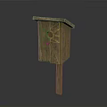 Rustic Wooden Birdhouse With Sloped Roof Small Entry Hole And Wooden Pole Base